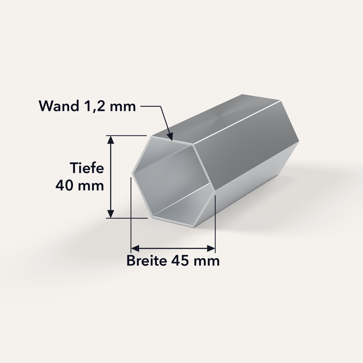 3D-Ansicht Hex45 Standbein im Schnitt, Sechskantprofil Breite 45 mm, Tiefe 40 mm, Wand 1,2 mm