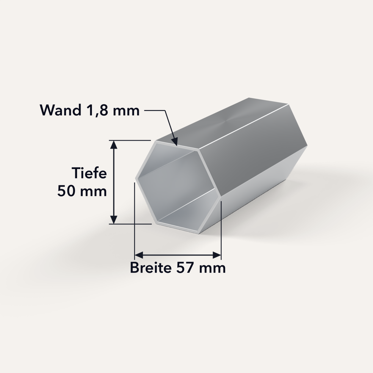 3D-Ansicht Premium Hex57 Standbein im Schnitt, Sechskantprofil Breite 57 mm, Tiefe 50 mm, Wand 1,8 mm