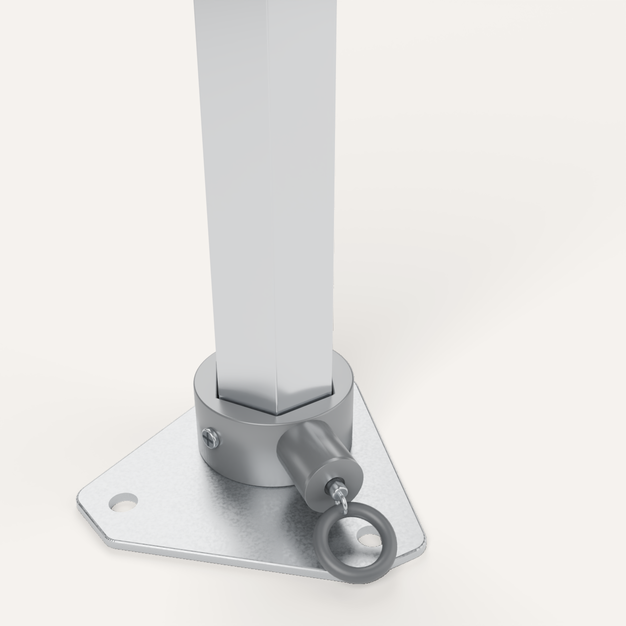3D-Ansicht Standfuß Premium Hex57: verzinkte Fußplatte, Manschette und Steckbolzen mit Zugring