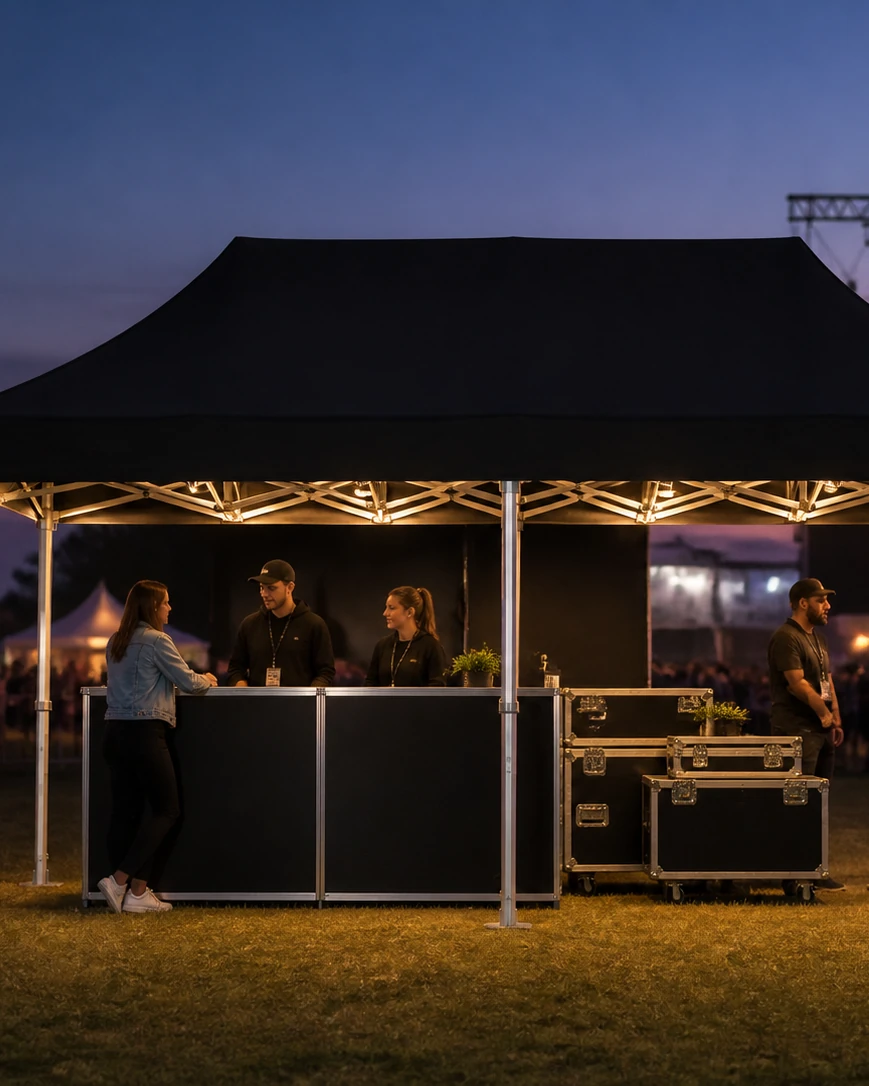 Schwarzer Faltpavillon Premium Hex57 3 × 6 m mit Theke und Gästen auf einem Festival am Abend