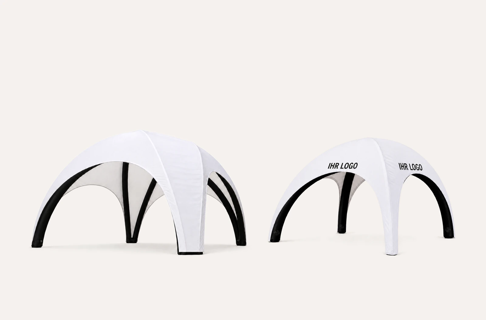 Aufblasbares Spider-Zelt 4 × 4 m und Dome-Zelt 3 × 3 m mit Platzhalter „IHR LOGO“