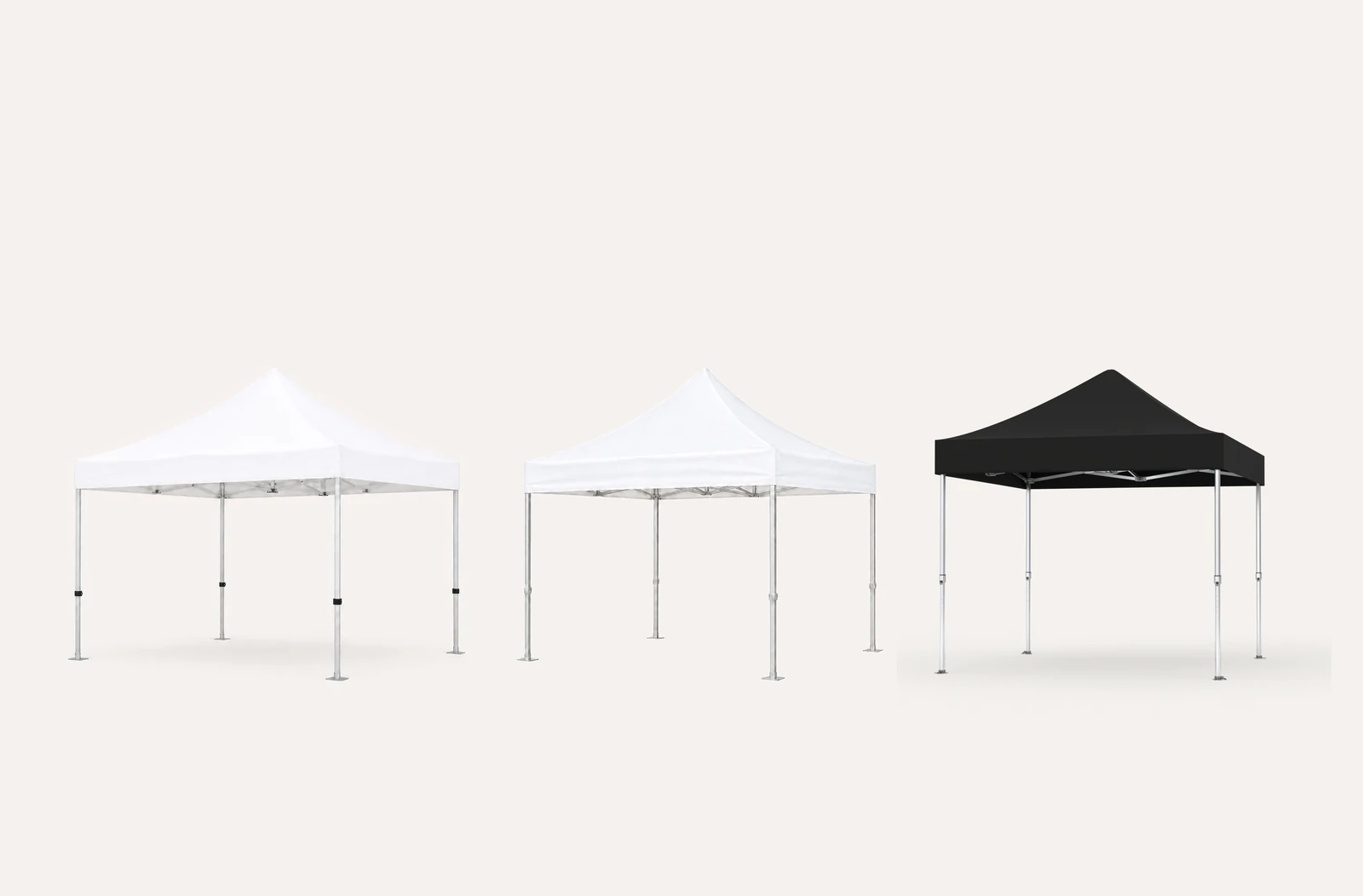 Faltpavillons der Linien Hex45, Modular und Premium Hex57 nebeneinander