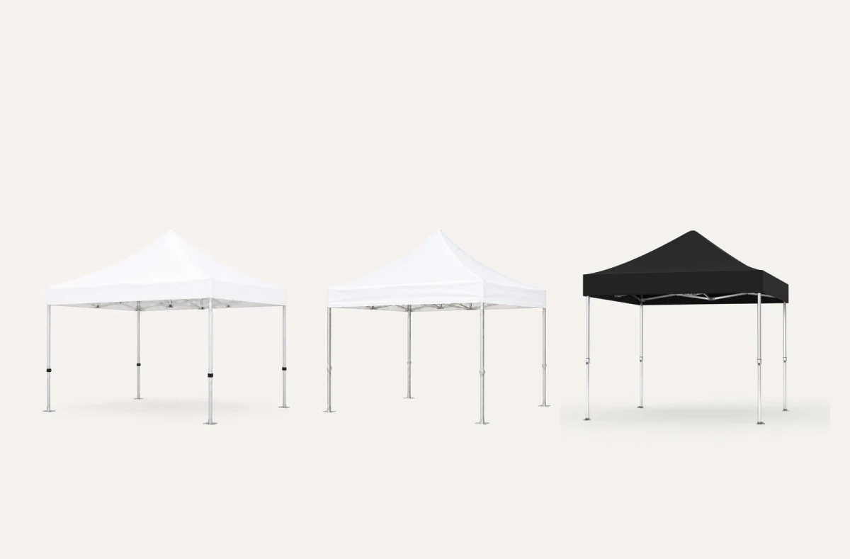 Faltpavillons der Linien Hex45, Modular und Premium Hex57 nebeneinander