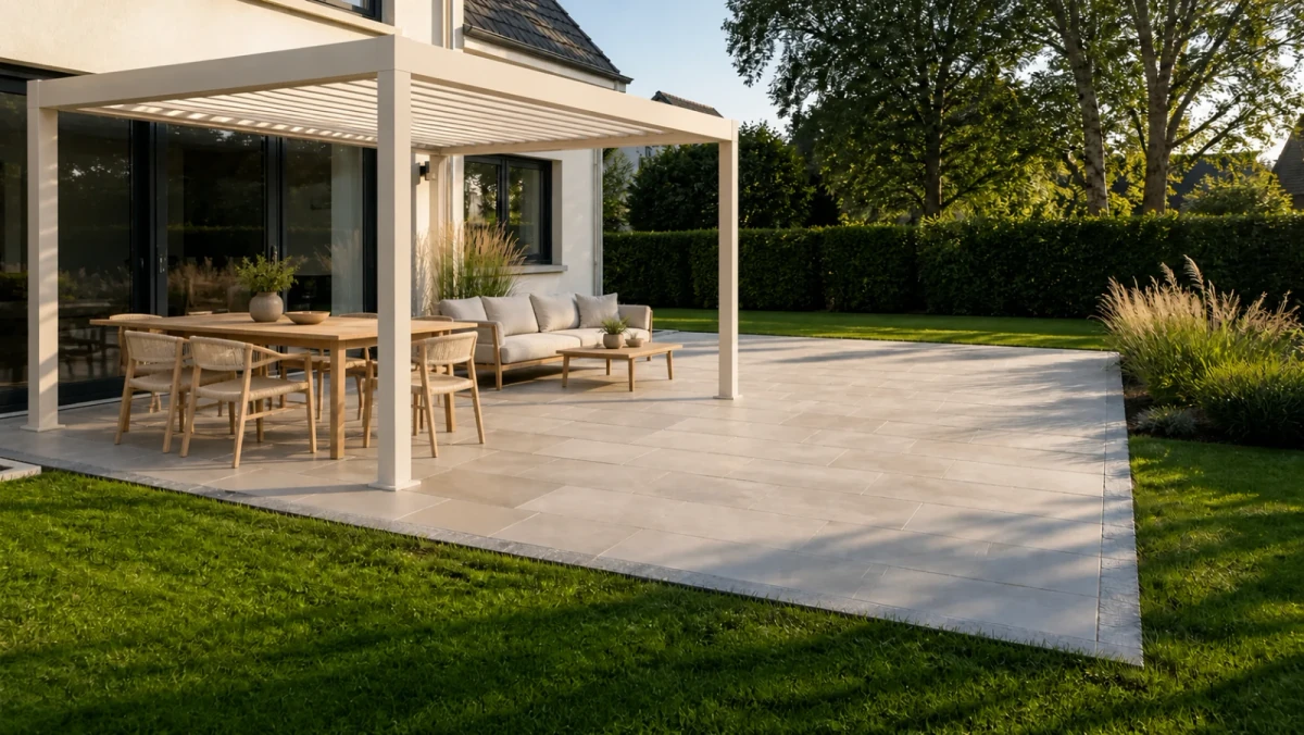 Freistehende Lamellenpergola nach Maß in Weiß