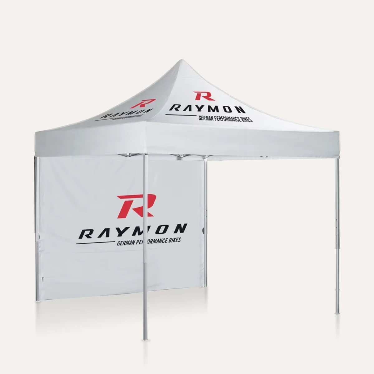 Weißes Faltzelt 3 × 3 m mit rotem Logo-Druck und Seitenwand