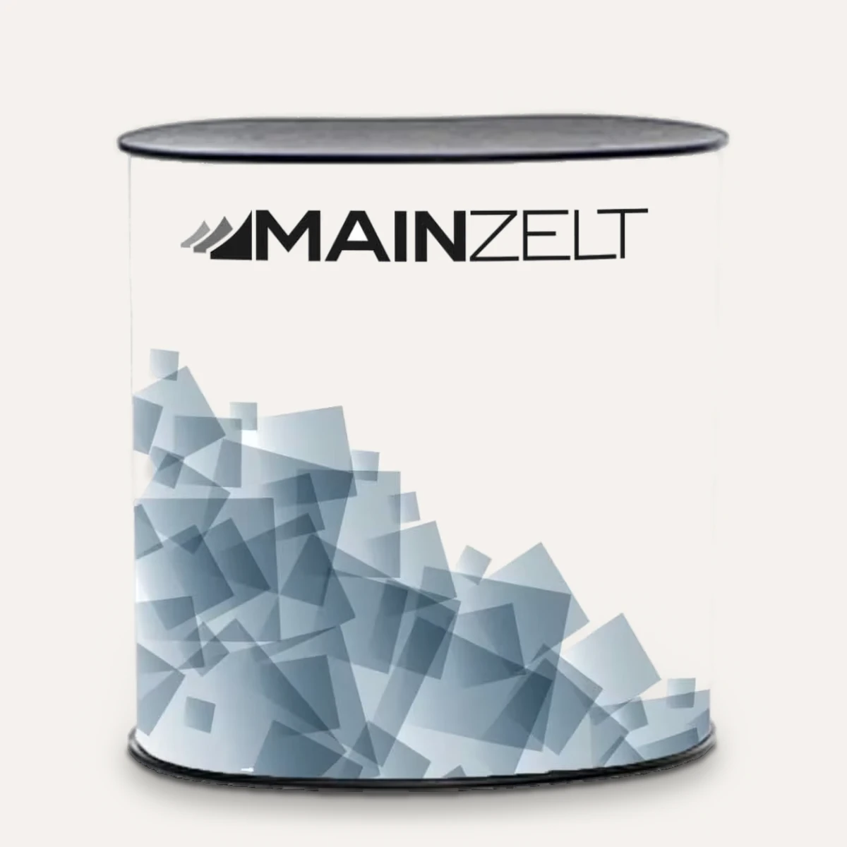 Pop Up Messetheke mit weißer, grau-blau bedruckter Front, Logo oben und schwarzer Abdeckplatte