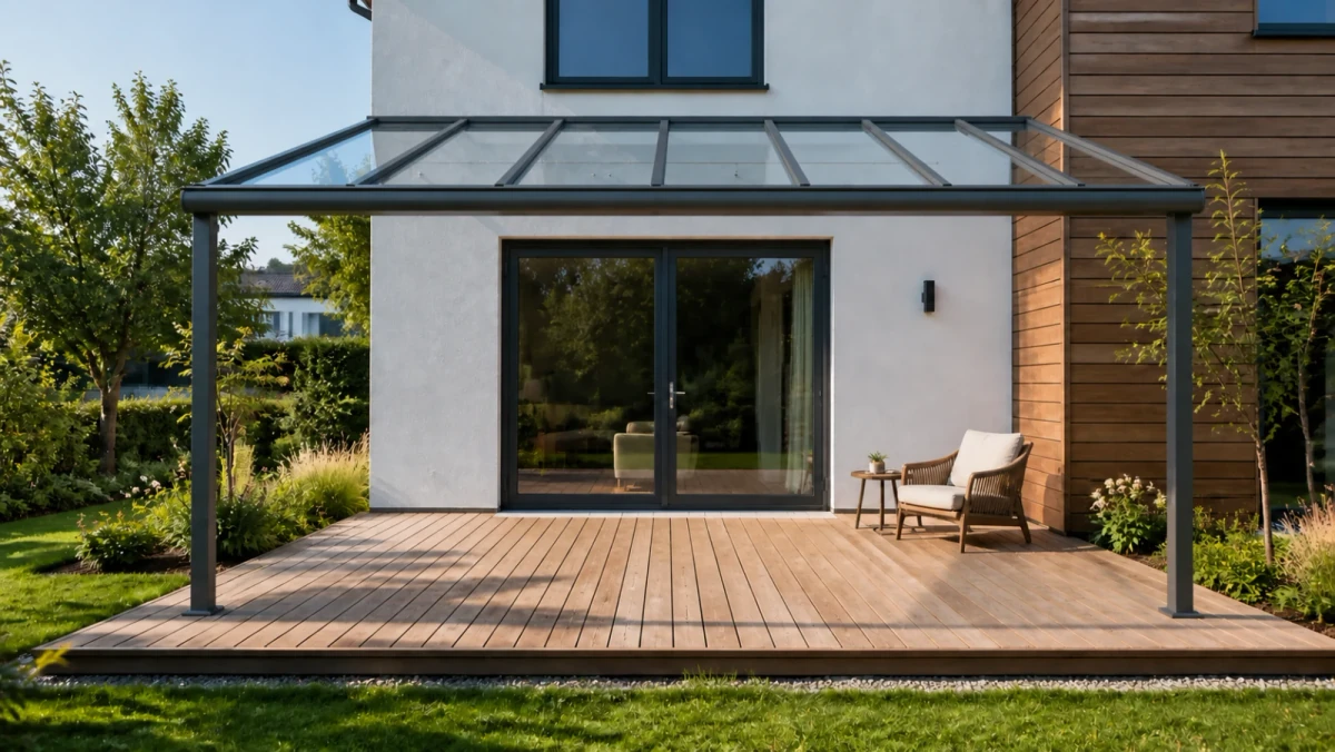 Terrassendach aus Glas mit Aluminium-Tragprofilen an der Hauswand