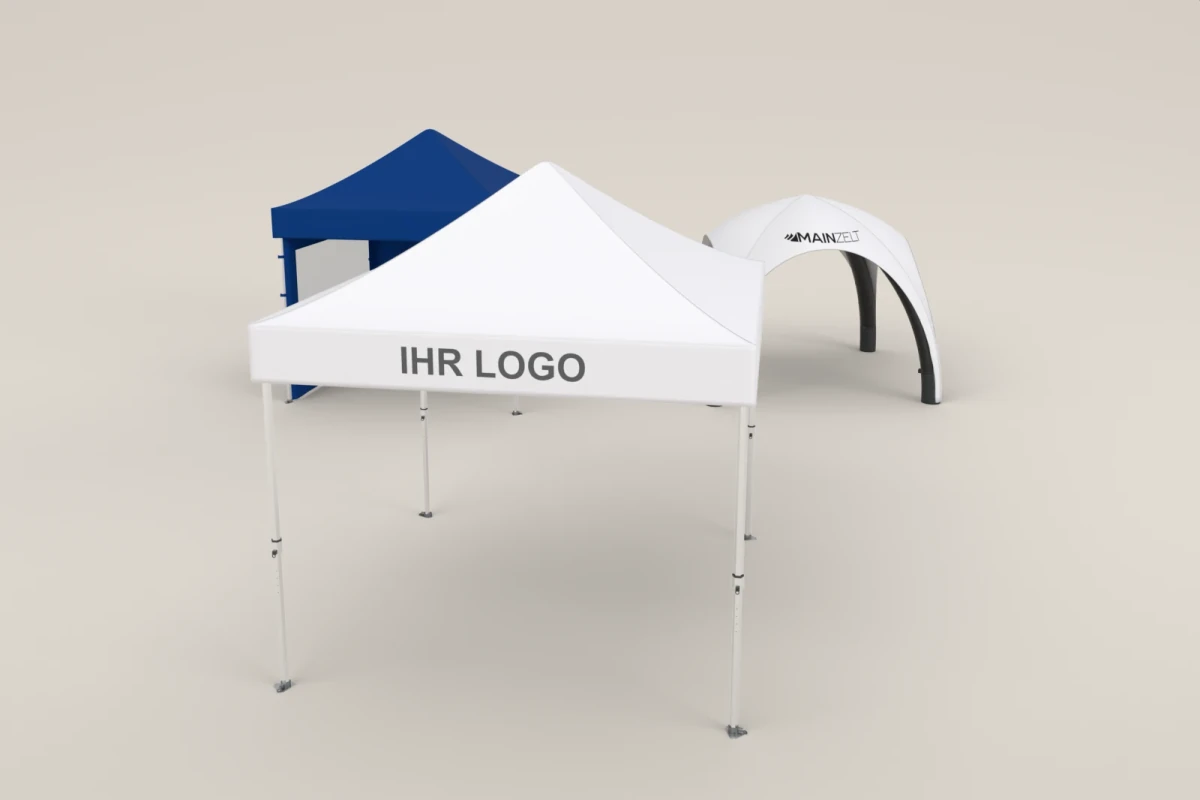 Faltpavillon Premium Hex57 mit Platzhalter „IHR LOGO“, dahinter ein Faltpavillon mit Seitenwänden und ein aufblasbares Dome-Zelt