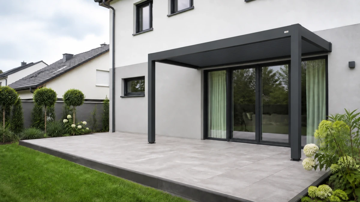 Hausterrasse mit wandmontierter anthrazitfarbener Lamellenpergola
