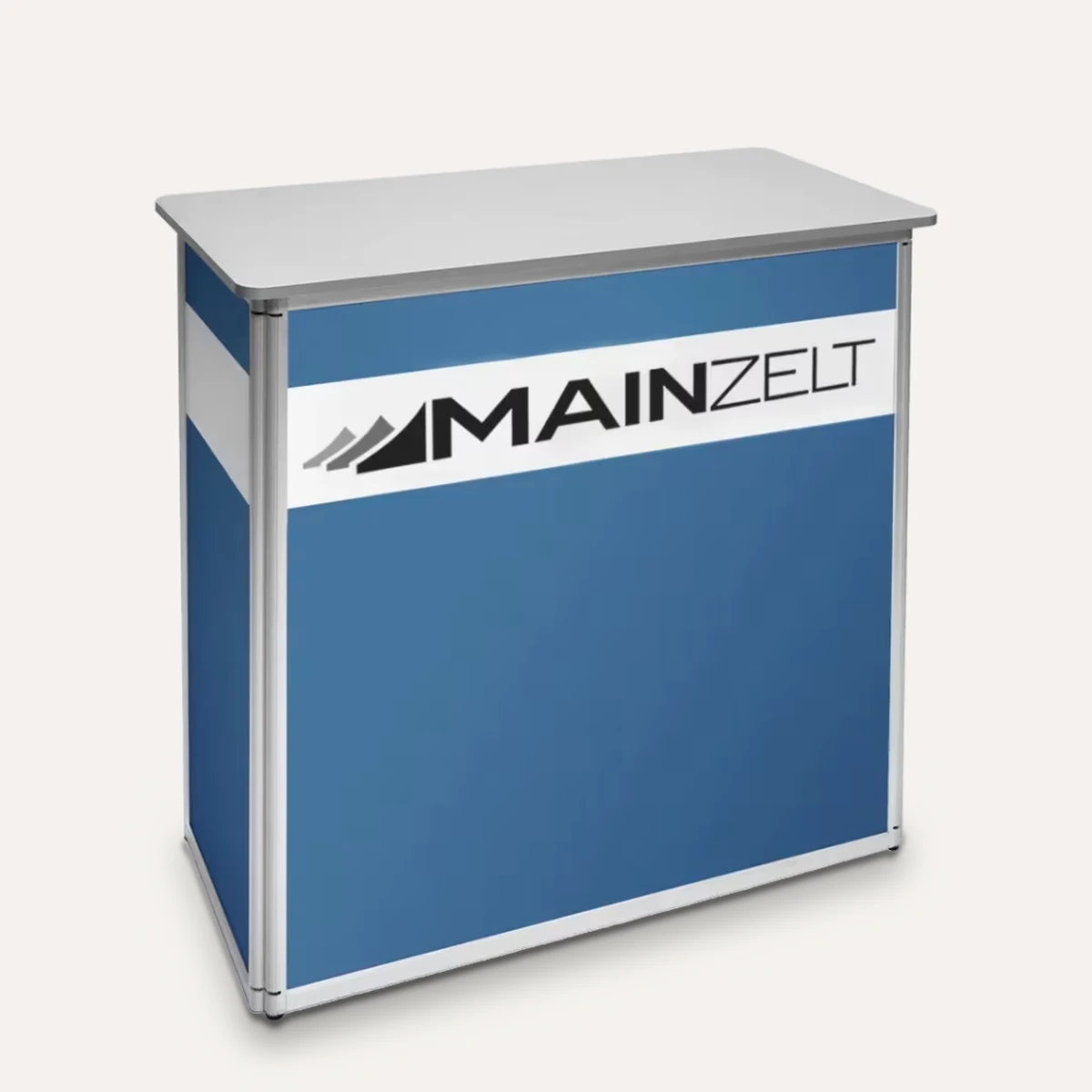 Messetheke aus Aluminium mit blauer Frontgrafik und Logo