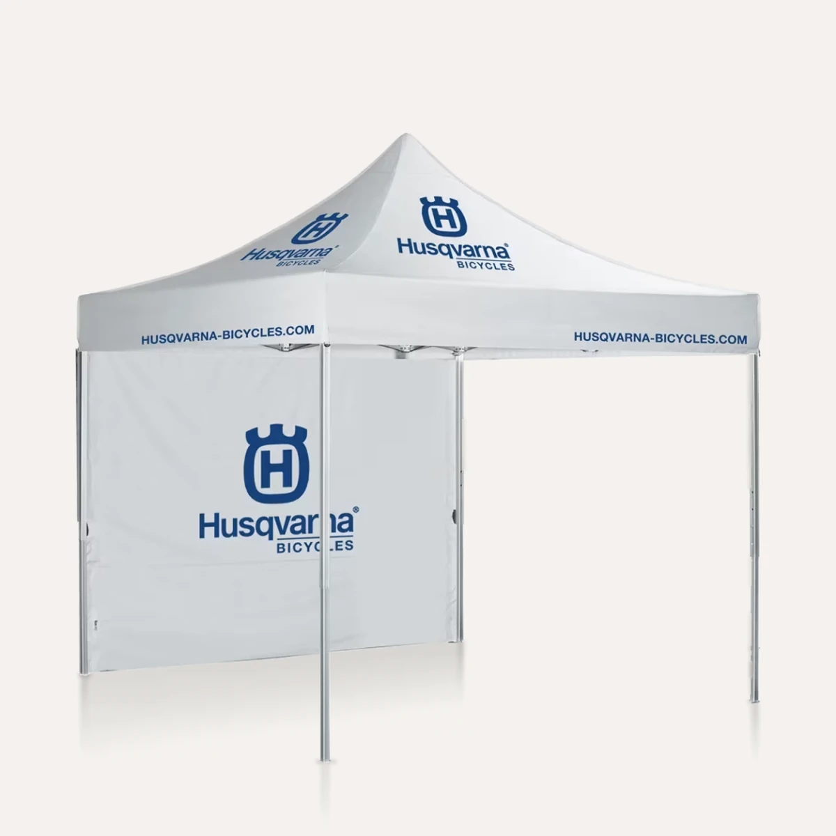 Weißes Faltzelt 3 × 3 m mit blauem Logo-Druck und Seitenwand