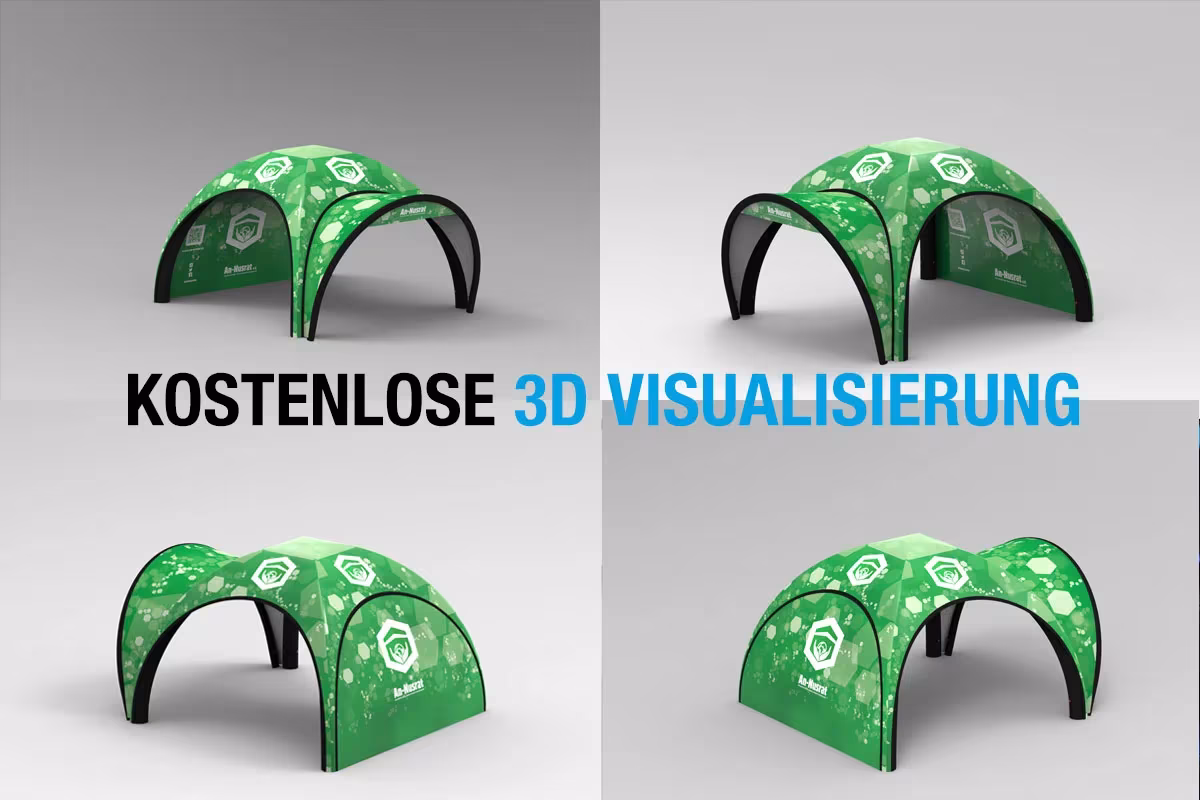 Grünes Dome-Zelt mit Motivdruck als 3D-Visualisierung in vier Ansichten