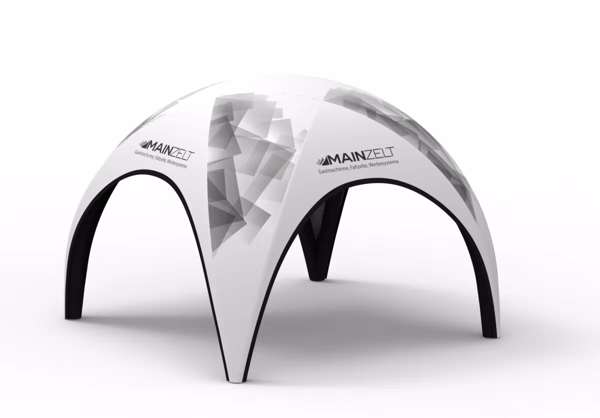 Weißes Spider-Zelt mit Logo-Druck als Rendering