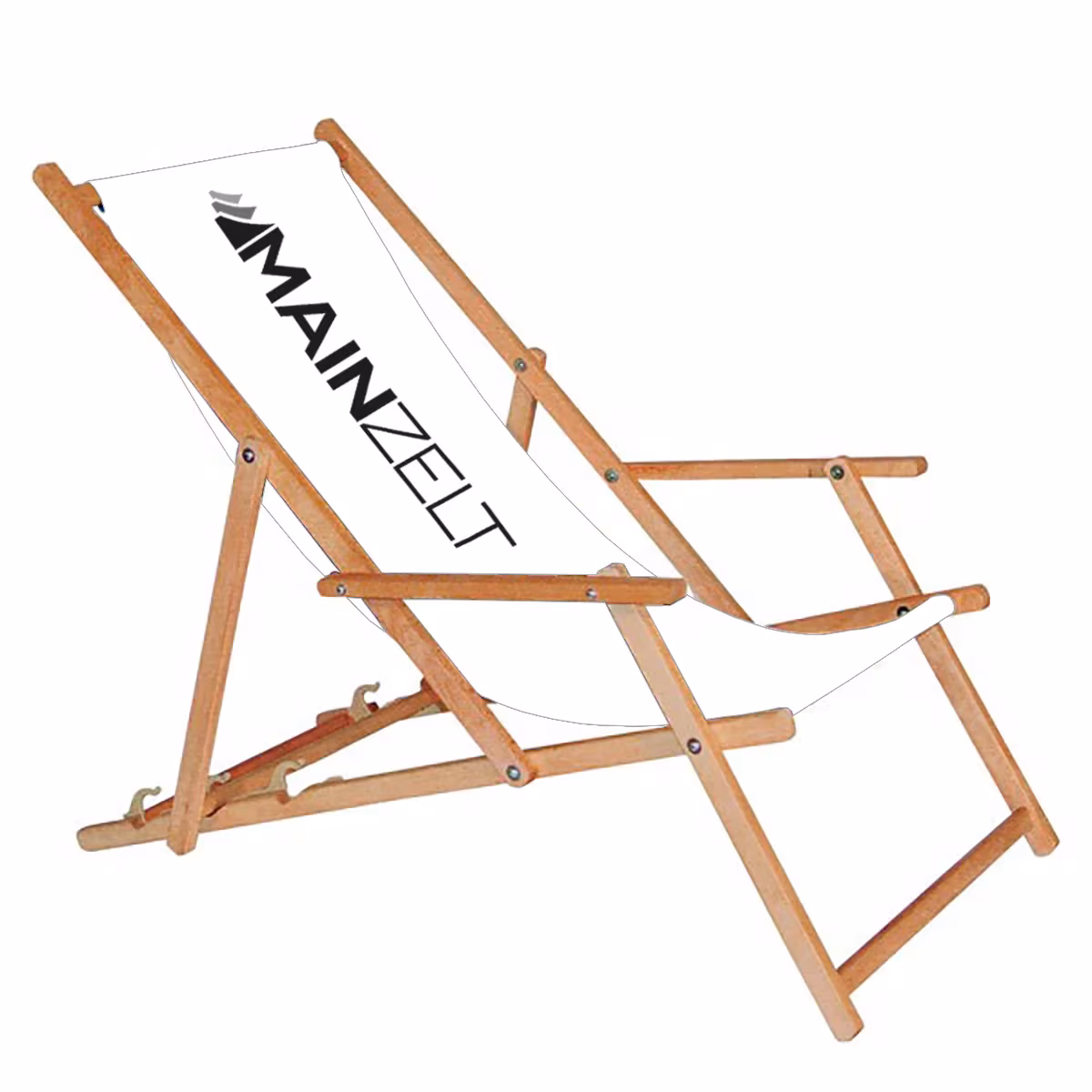 Holz-Liegestuhl mit Armlehnen und weißem Bezug mit schwarzem Logo
