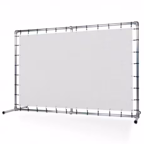 Freistehender Spannrahmen aus Aluminium mit weißem Banner