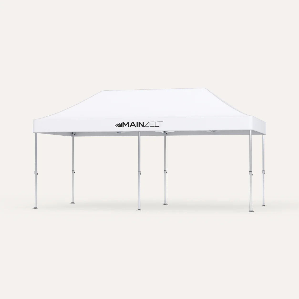 Faltpavillon Premium Hex57 3 × 6 m, Dach Weiß mit Main-Zelt-Logo, Studioansicht