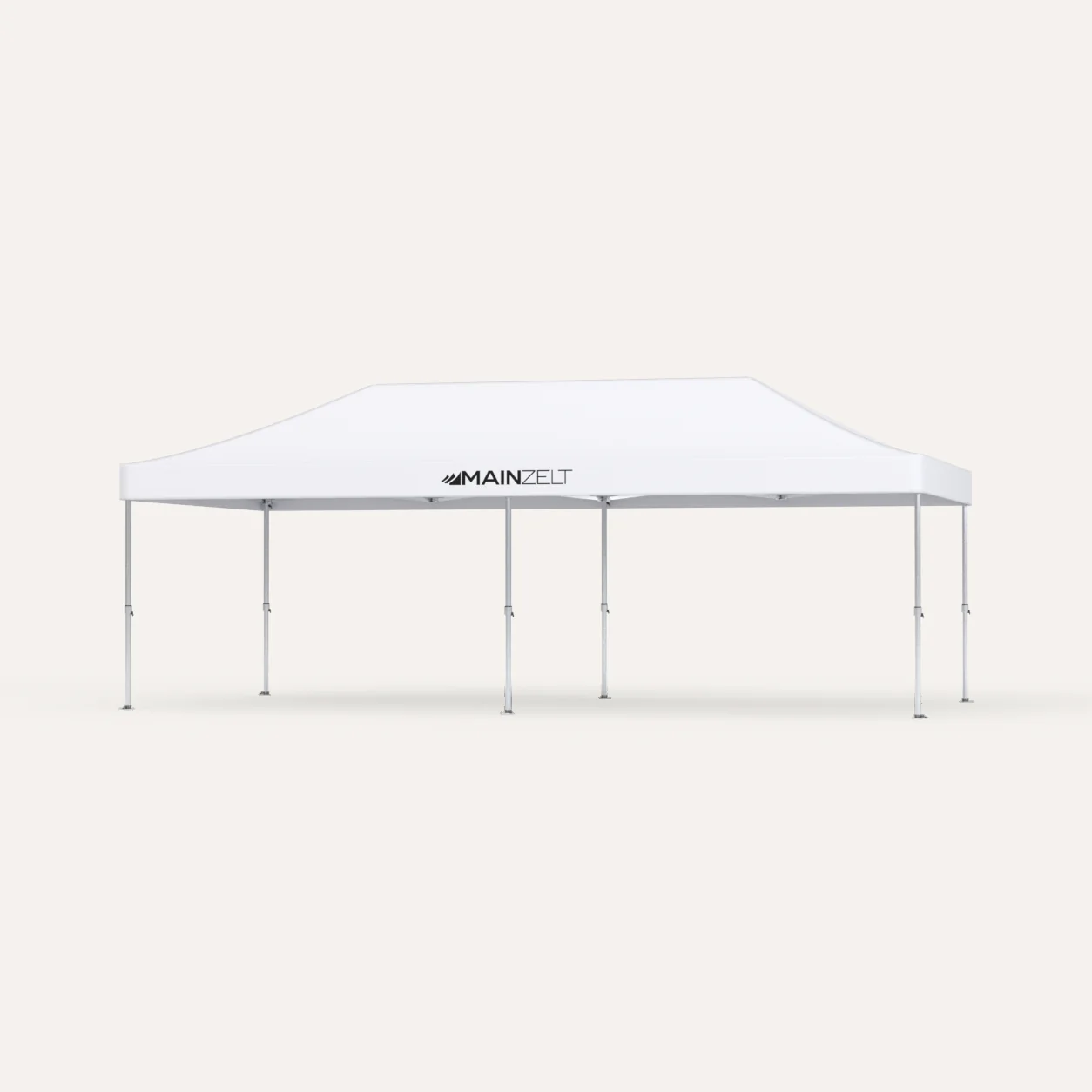 Faltpavillon Premium Hex57 4 × 8 m, Dach Weiß mit Main-Zelt-Logo, Studioansicht