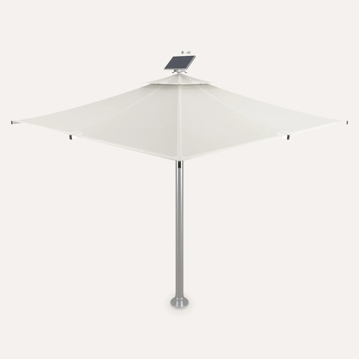 Sonnenschirm Premium Komfort quadratisch mit Motor, LED und Windmesser, Studioansicht auf hellem Hintergrund, ohne Ständer abgebildet, Ständer ist Zubehör